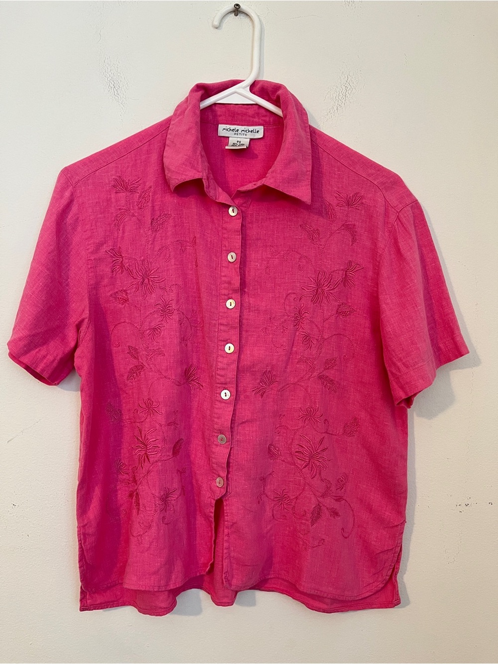 Michele Michelle Linen Blend Pink Embroidered Button-Down Blouse size PS women